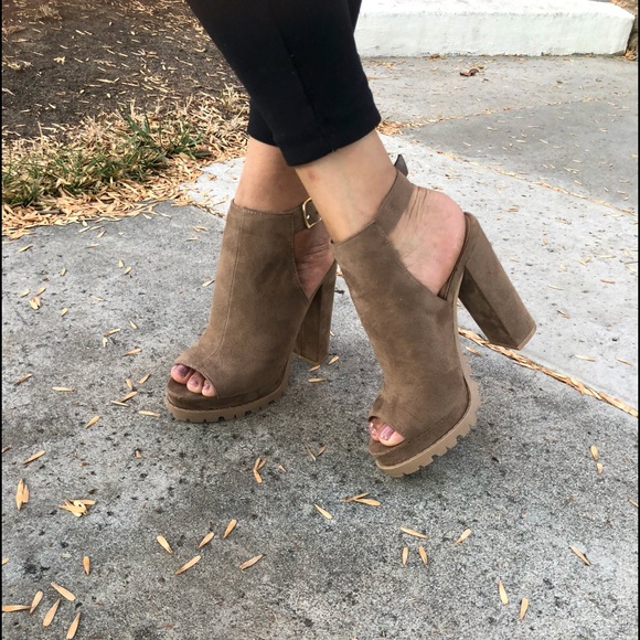Shoes - Taupe Faux Suede Chunky heels